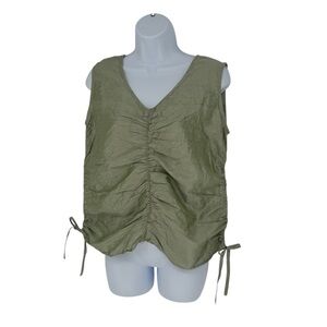 Judy Tampa 100% Silk Olive Green Ruched Stretchy Ties Sleeveless Top Size Small